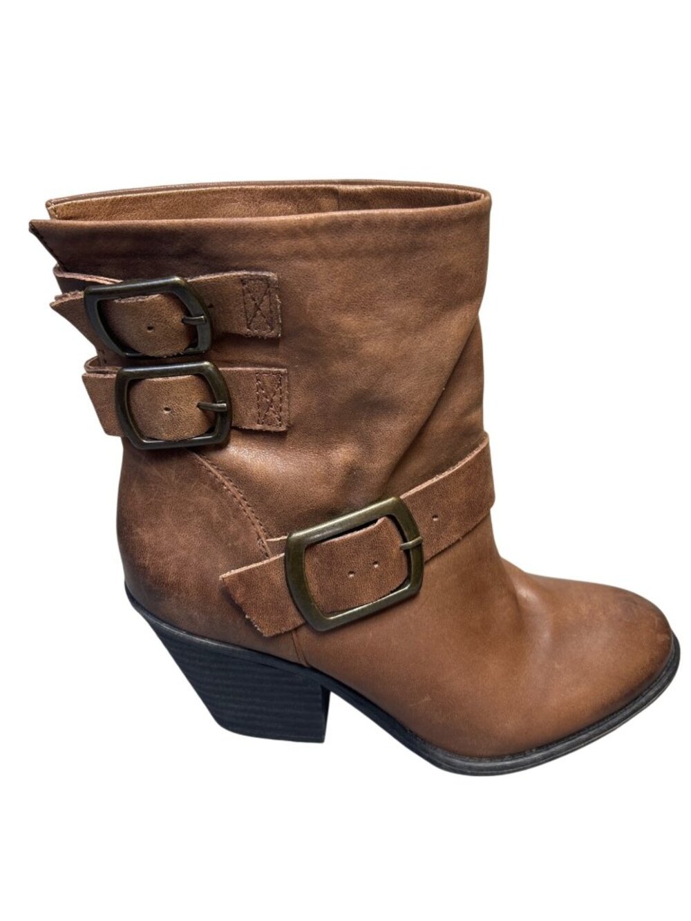 Lucky Brand Tommie Ankle Boots 6M Brown Leather Straps Buckle Stacked Block Heel
